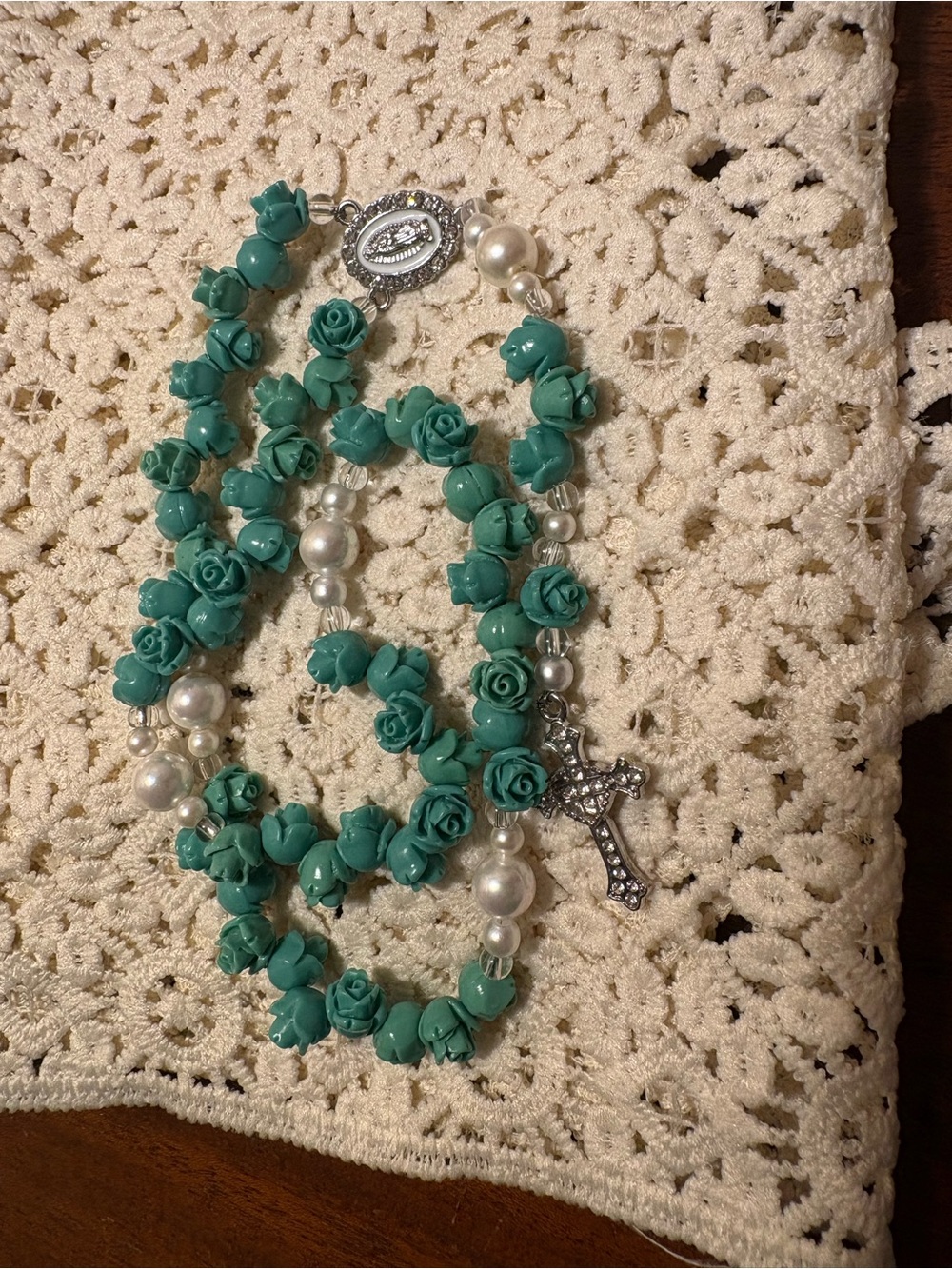 Turquoise Rose Bead Rosary Necklace - Unbranded